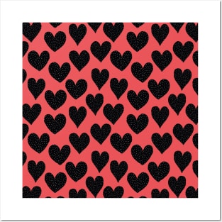 Black And White Spotted Hearts On Red Posters and Art